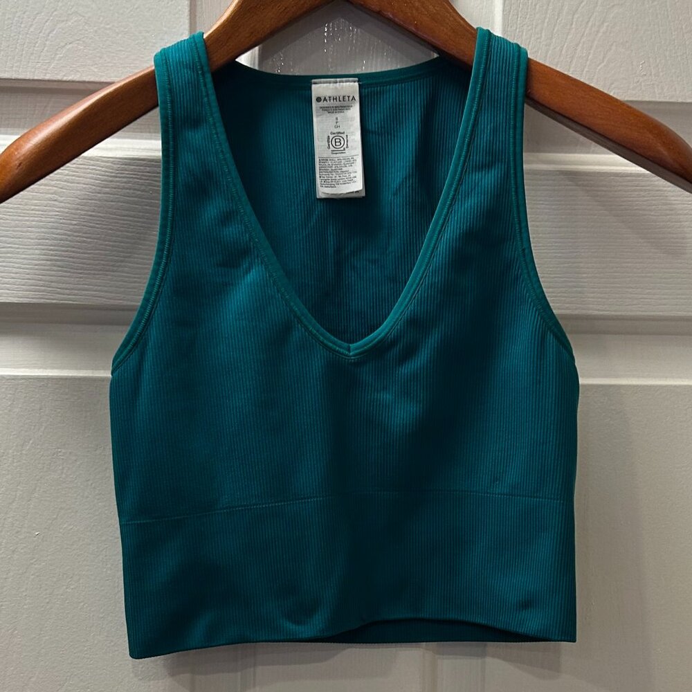 Athleta Aurora Seamless Rib V-Neck Crop Tank Top Deep Teal, Size S
